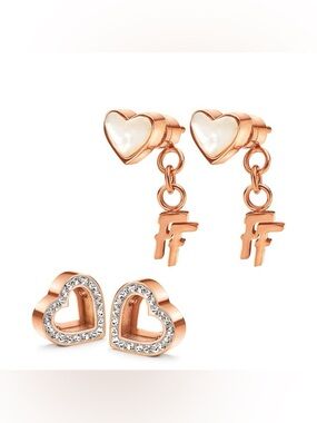 Folli Follie Earrings Heart Playful Heart 2 Way Rose Gold Rhinestone Pearl
